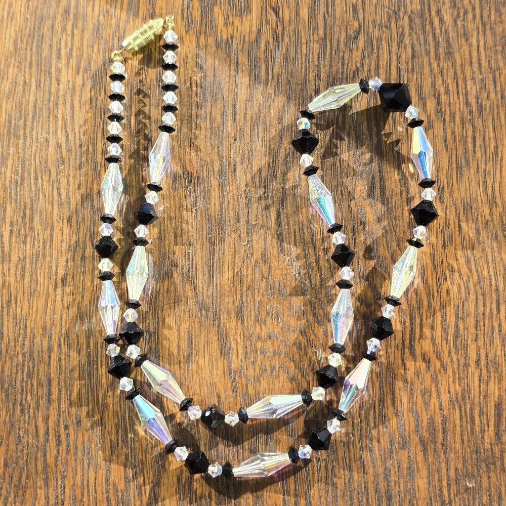 Aurora Borealis  black and clear glass-beaded necklace -- Vintage Art Deco